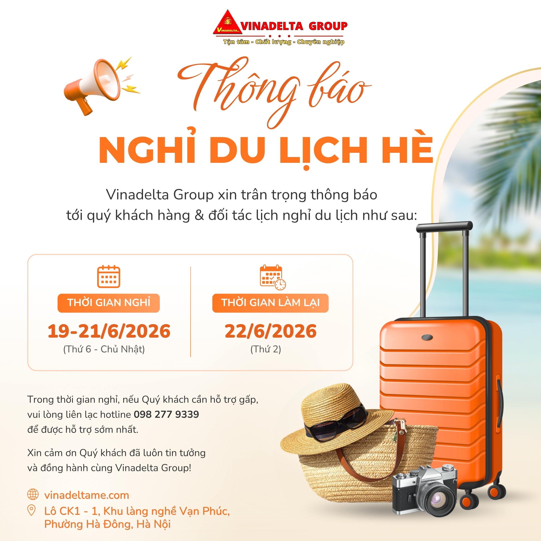 Vinadelta Group thông báo lịch nghỉ du lịch hè 2026